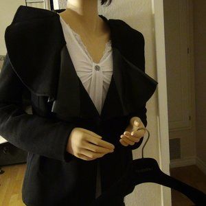 Valentino Black Wool  Coat w/ Leather Trim